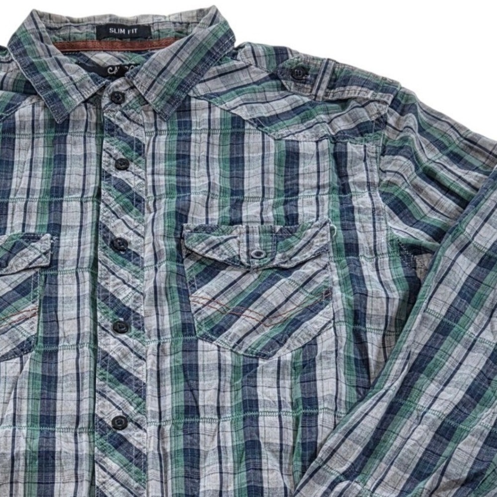 Carbon‎ Slim Fit Long Sleeve Shirt Button Up Military Safari Plaid Mens Large